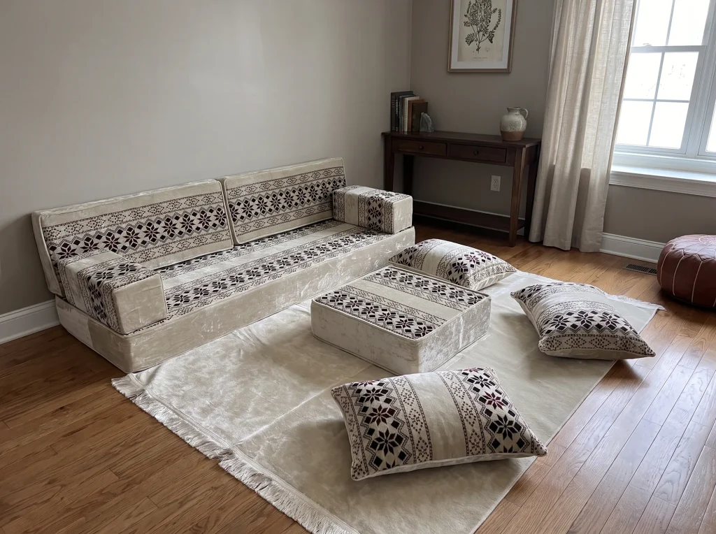 Cream velvet Arabic floor sofa with dark plum star motifs against a grey wall, with ottoman, fringed rug and floor cushions