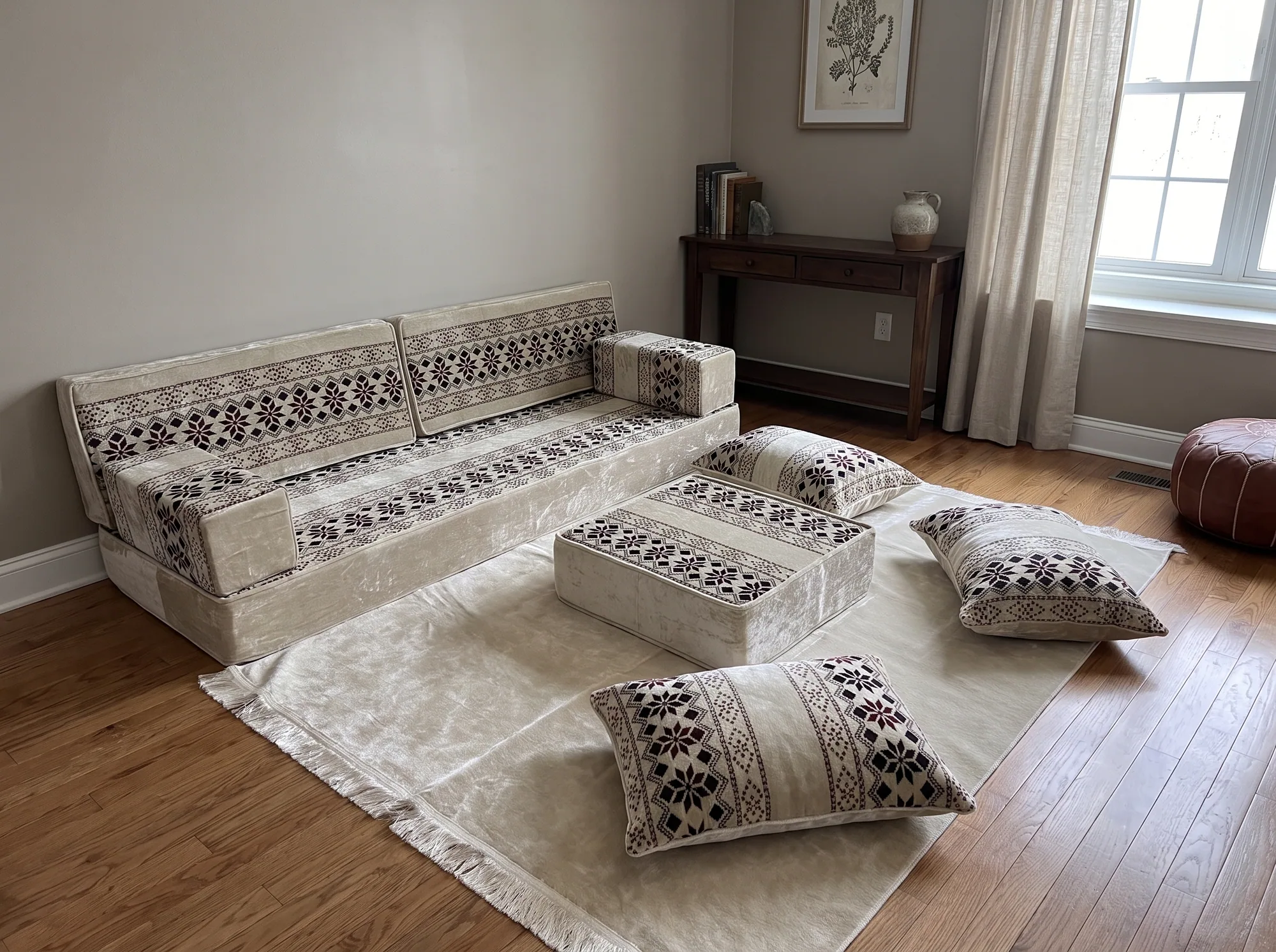 Cream velvet Arabic floor sofa with dark plum star motifs against a grey wall, with ottoman, fringed rug and floor cushions