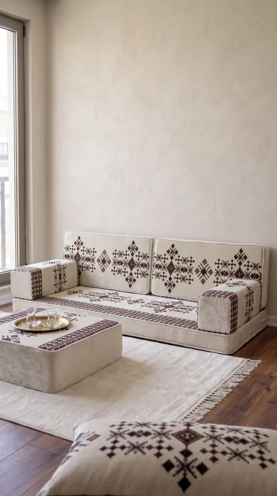 Cream Arabic floor sofa with burgundy sadu motifs, ottoman with brass tea tray, against a plaster wall