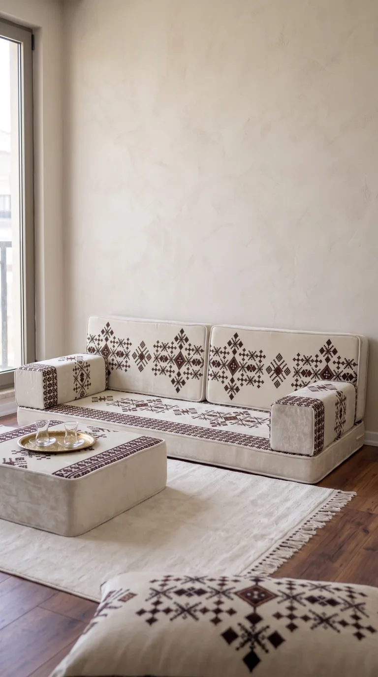 Cream Arabic floor sofa with burgundy sadu motifs, ottoman with brass tea tray, against a plaster wall