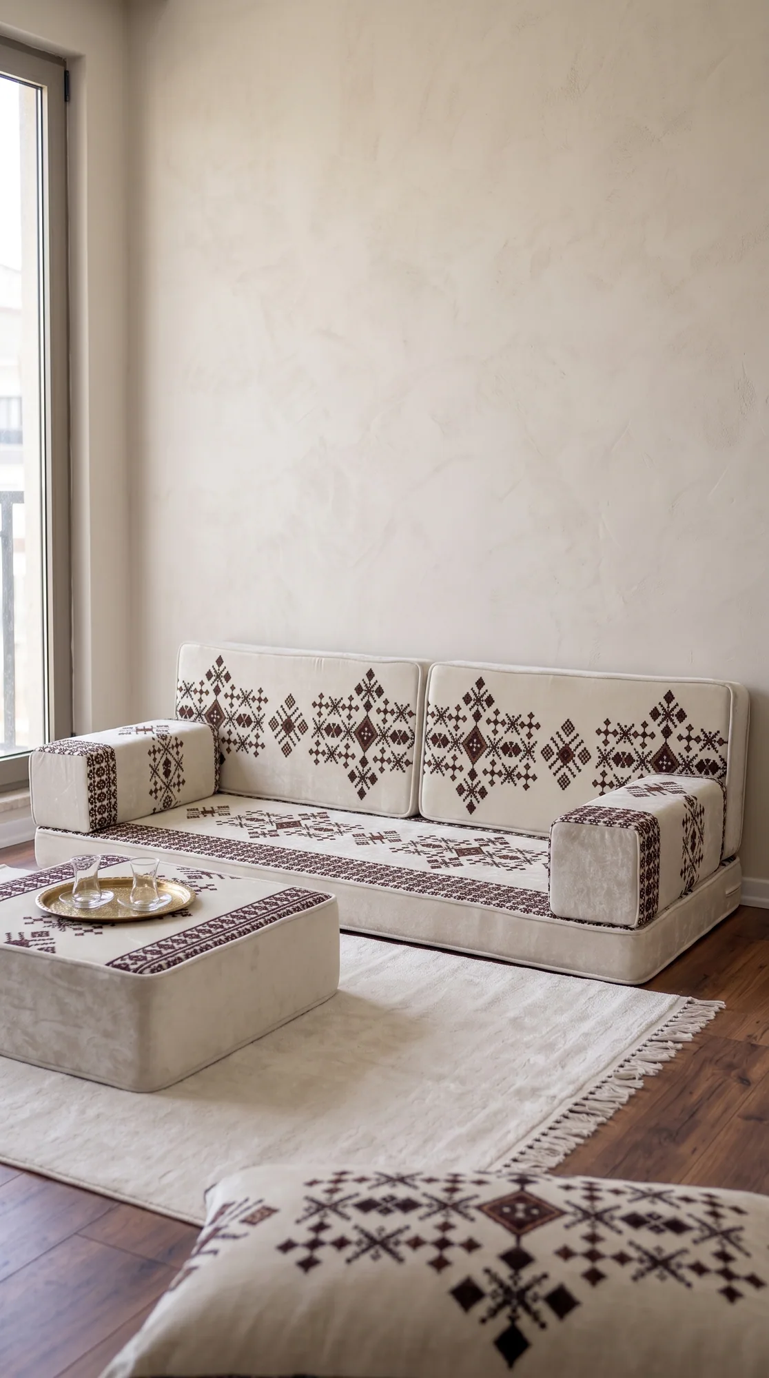 Cream Arabic floor sofa with burgundy sadu motifs, ottoman with brass tea tray, against a plaster wall