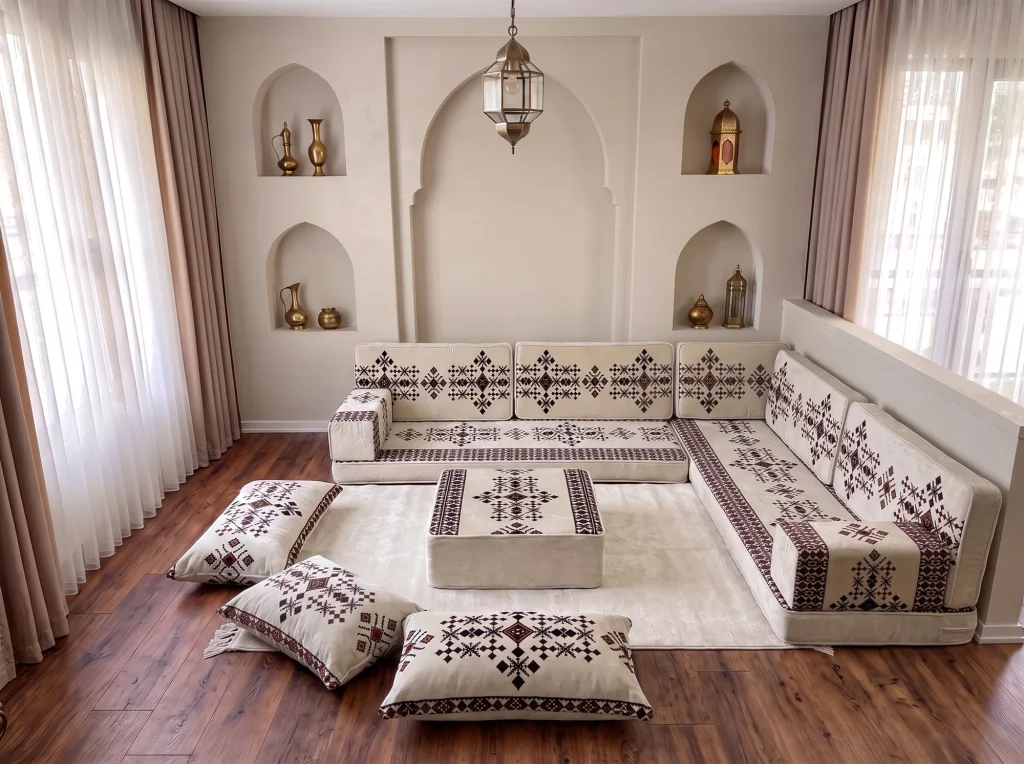 Cream floor sofa set with burgundy sadu motifs in an L shape, with ottoman, cream rug and three floor cushions