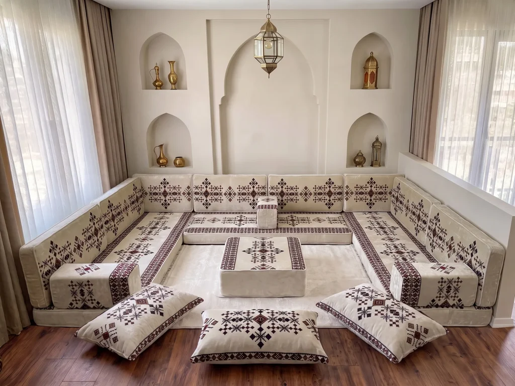 Cream floor sofa with burgundy sadu embroidery in a U shape, with ottoman, cream rug and three floor cushions