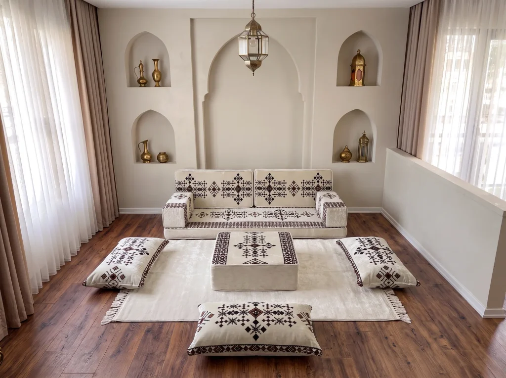 Cream floor sofa with burgundy sadu-pattern motifs, an ottoman, a cream rug and three floor cushions arranged around it