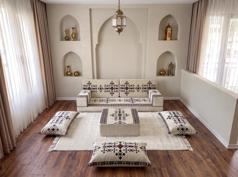 Cream sadu Arabic floor sofa with ottoman, cream rug and three floor cushions arranged around it in an arched room