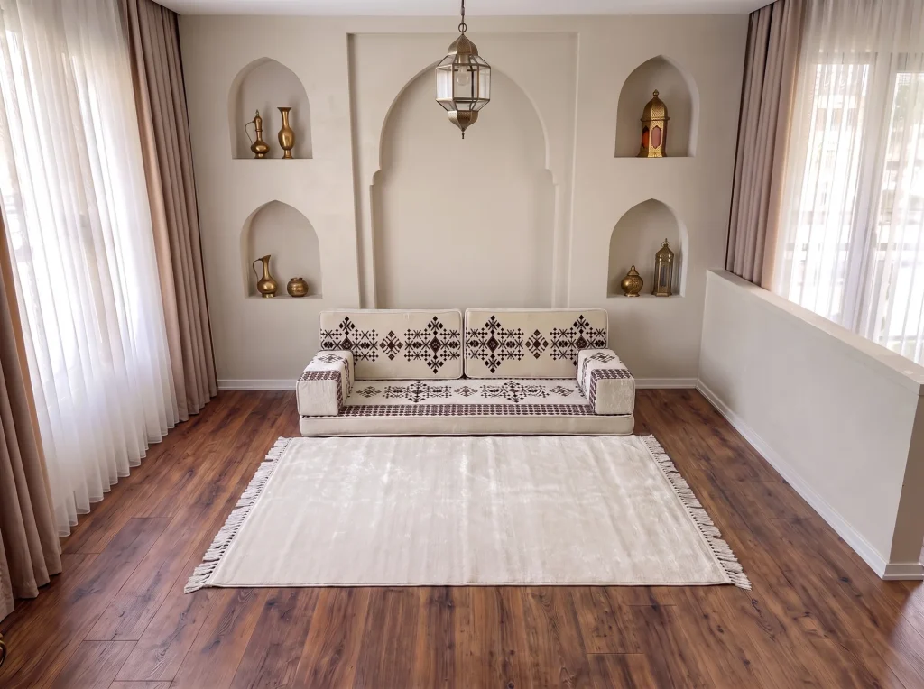 Cream sadu Arabic floor couch with two back cushions behind a large plain cream fringed rug