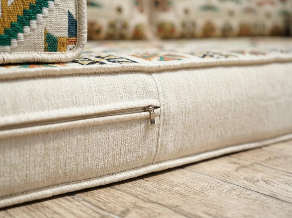 Side of a cream chenille seat mattress showing piped seams and a concealed zip, sitting low on a wood floor