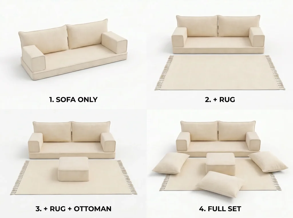 Four labelled views of a cream single Arabic sofa: sofa only, with rug, with ottoman and as a full set