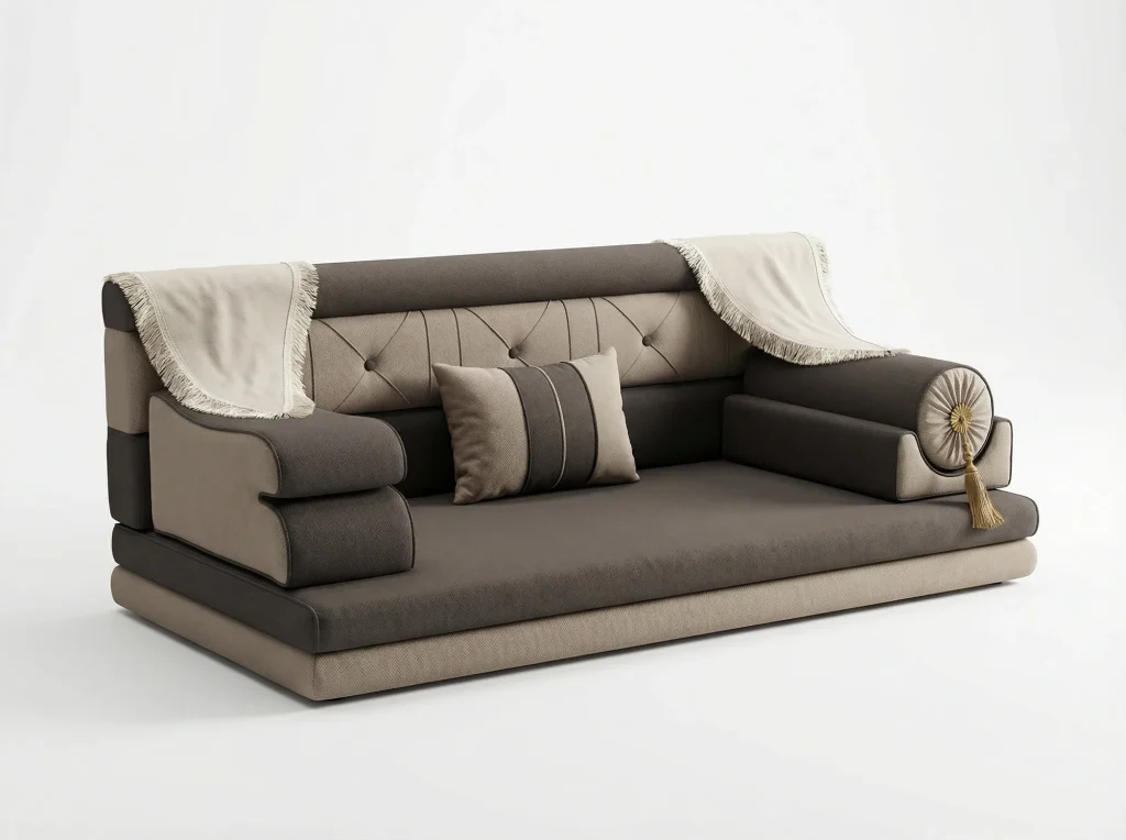 Dark brown and beige woven Arabic jalsa with a tufted backrest, fringed cream throws and a rosette bolster armrest