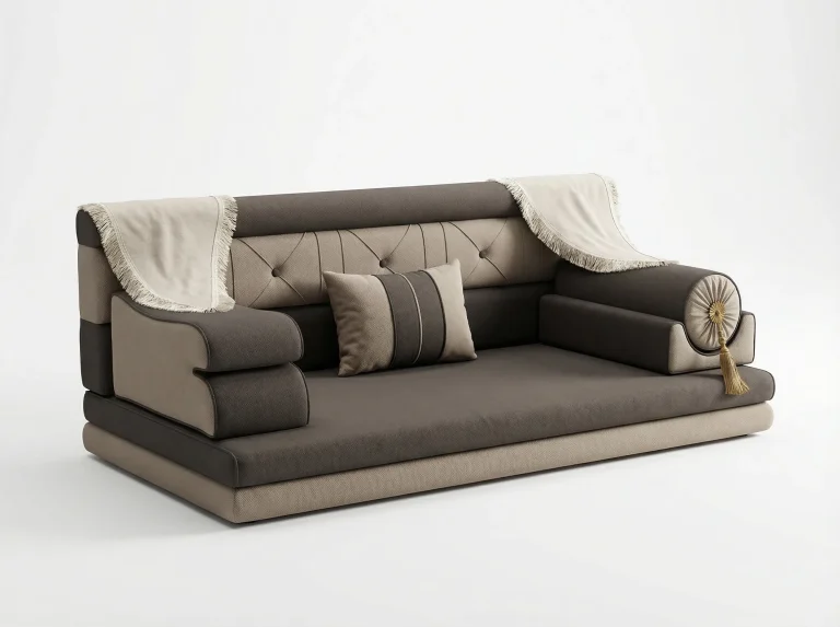 Dark brown and beige woven Arabic jalsa with a tufted backrest, fringed cream throws and a rosette bolster armrest