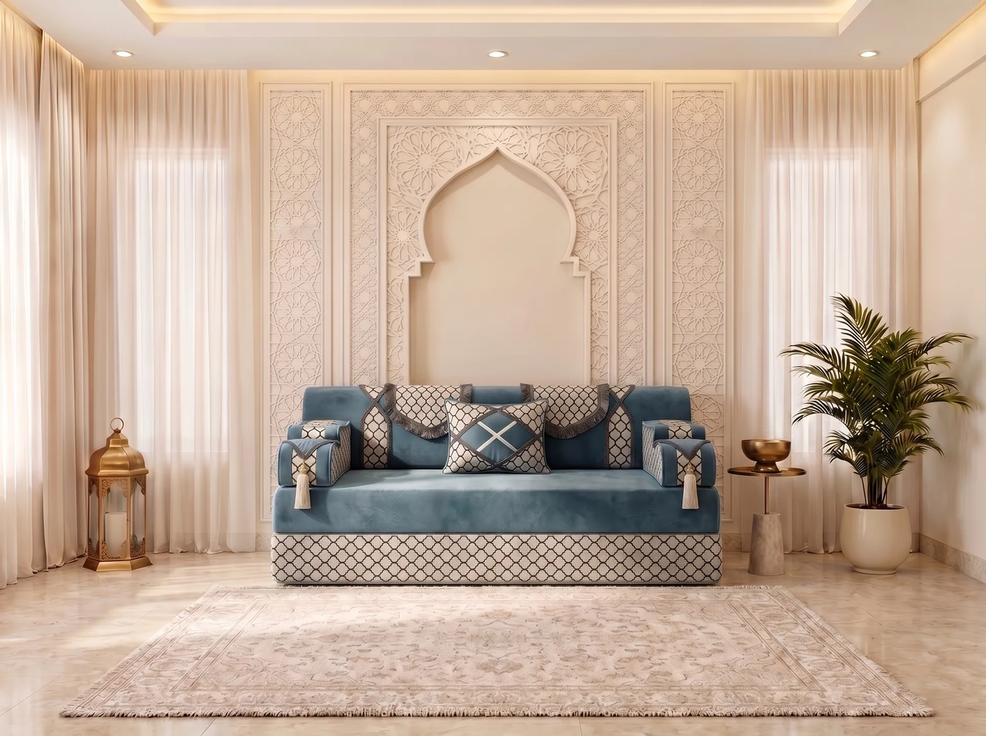 Single dusty blue velvet Arabic majlis with an ivory trellis base beneath a carved arch niche