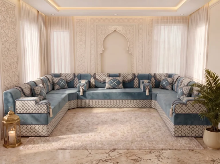 Dusty blue and ivory U-shaped majlis sofa set with trellis-pattern base around a cream rug