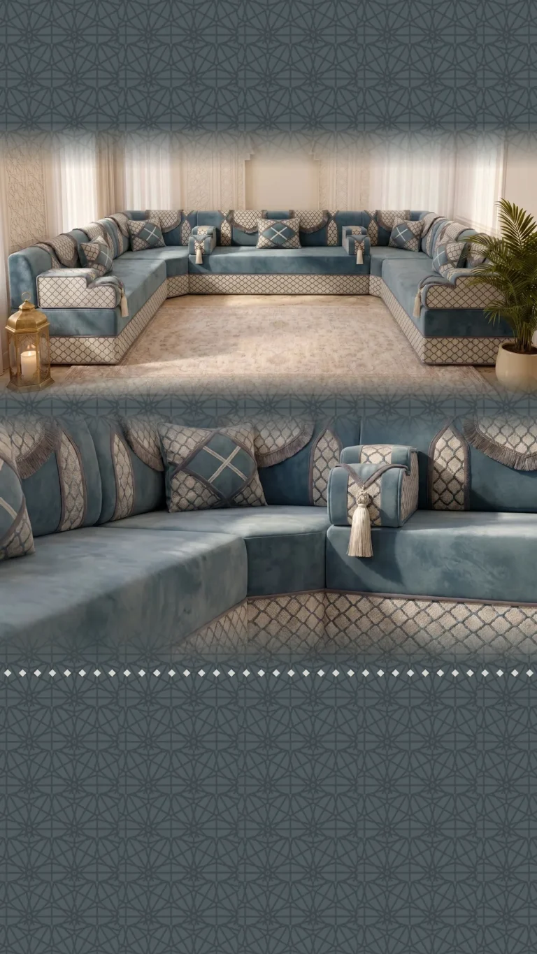 Dusty blue velvet majlis sofa set in a U shape with cream lattice trim and tasselled armrests, plus a corner close-up