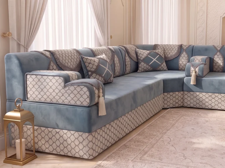 Dusty blue velvet majlis seating set with a large trellis armrest, cream tassel and brass lantern