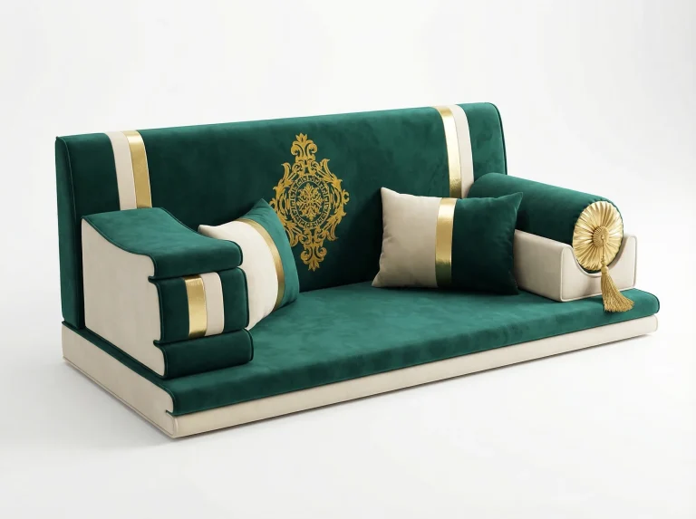 Emerald green and cream velvet Arabic jalsa with a gold embroidered medallion and a gold rosette bolster armrest