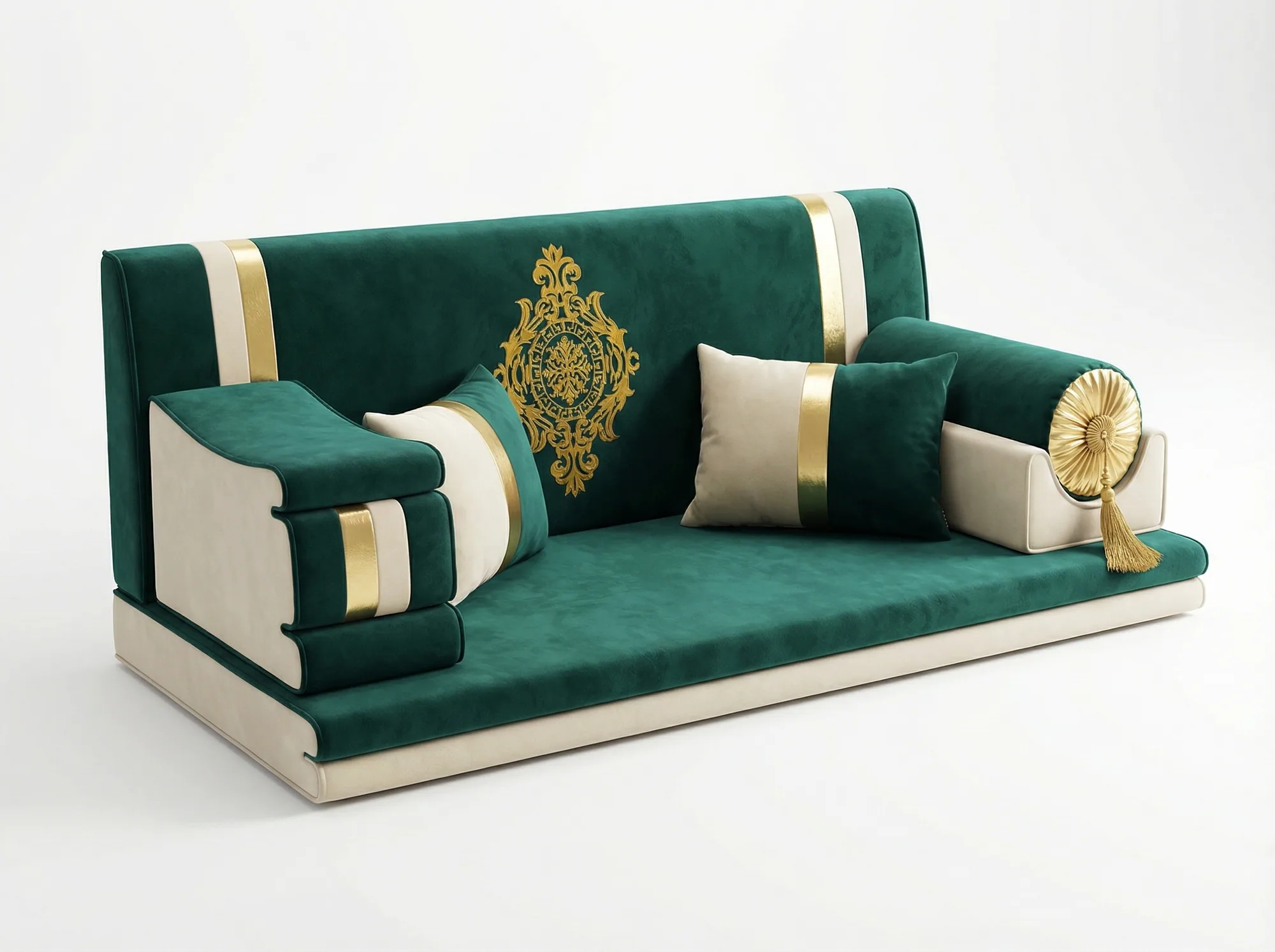 Emerald green and cream velvet Arabic jalsa with a gold embroidered medallion and a gold rosette bolster armrest