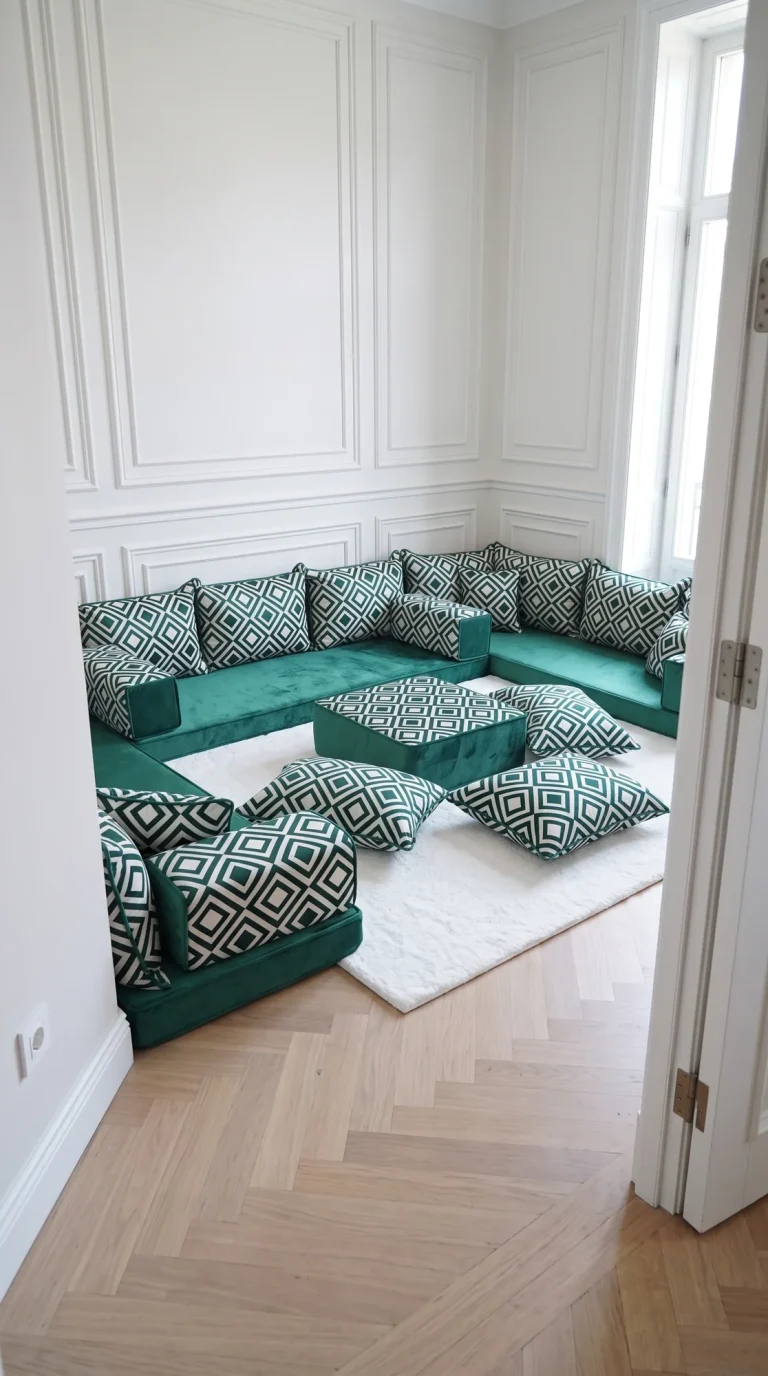Emerald green velvet floor sofa set with white geometric cushions in a panelled room with herringbone floor