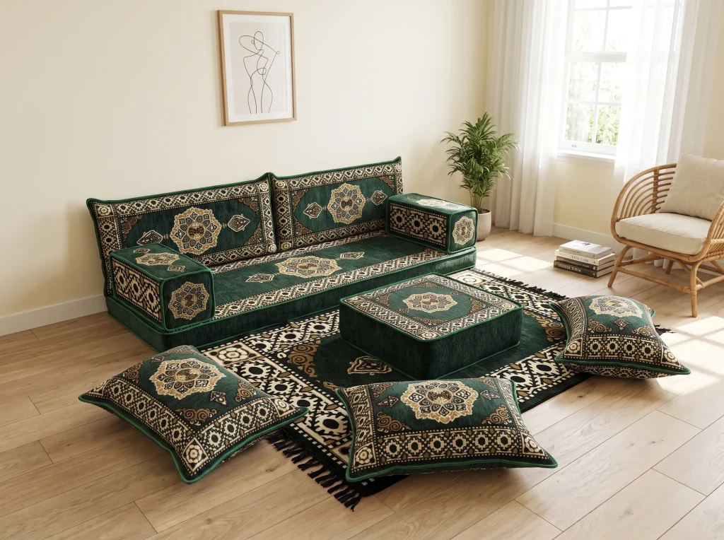Emerald green medallion Arabic floor sofa seen at an angle with ottoman, rug and floor cushions in a sunlit room