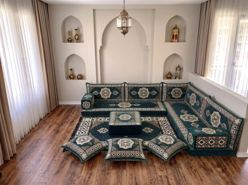 Emerald green and cream medallion floor sofa in an L shape with rug, ottoman and floor cushions