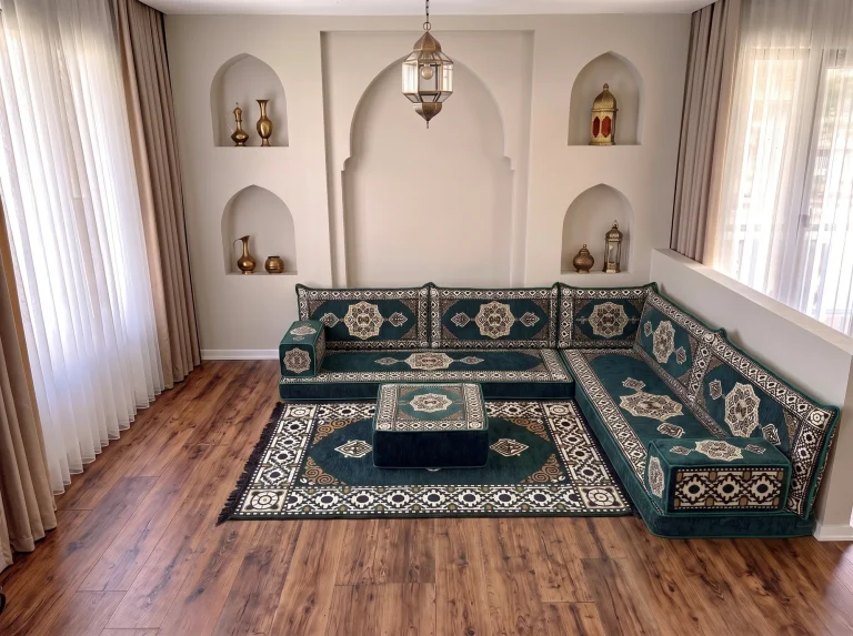 Emerald green and cream medallion Arabic floor couch in an L shape with matching rug and ottoman by arched niches