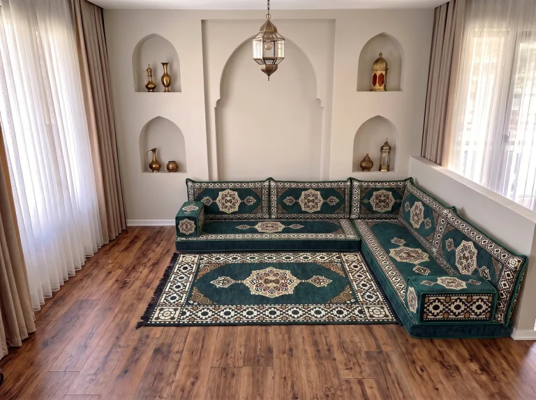 Emerald green and cream medallion floor sofa set in an L shape with a matching medallion rug by arched wall niches