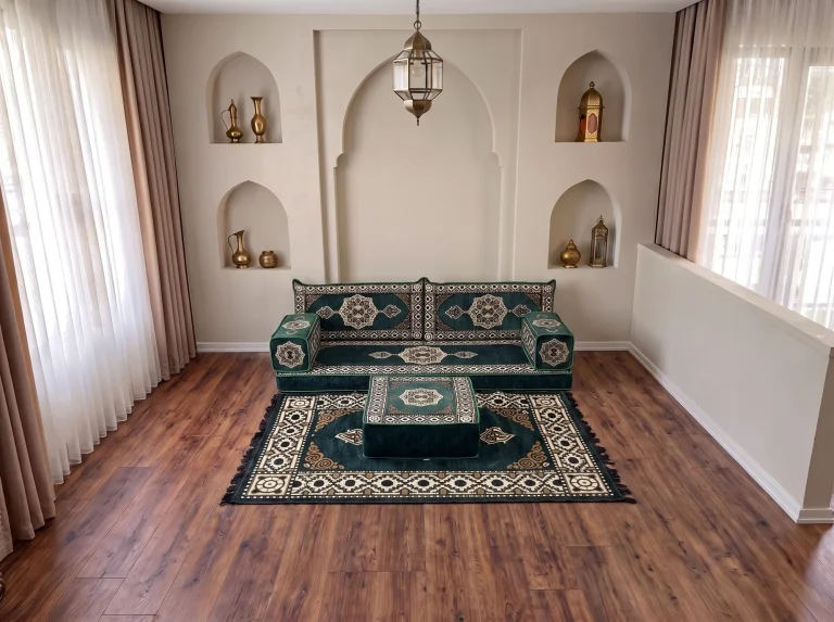 Emerald green and cream medallion floor seating set as a single row with matching rug and ottoman by arched niches