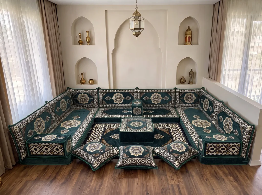 Emerald green and cream medallion Arabic floor sofa in a U shape with rug, ottoman and floor cushions by arched niches
