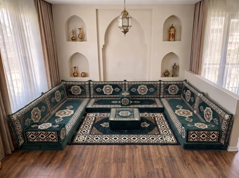 Emerald green and cream medallion floor seating set in a U shape with matching rug and ottoman by arched niches