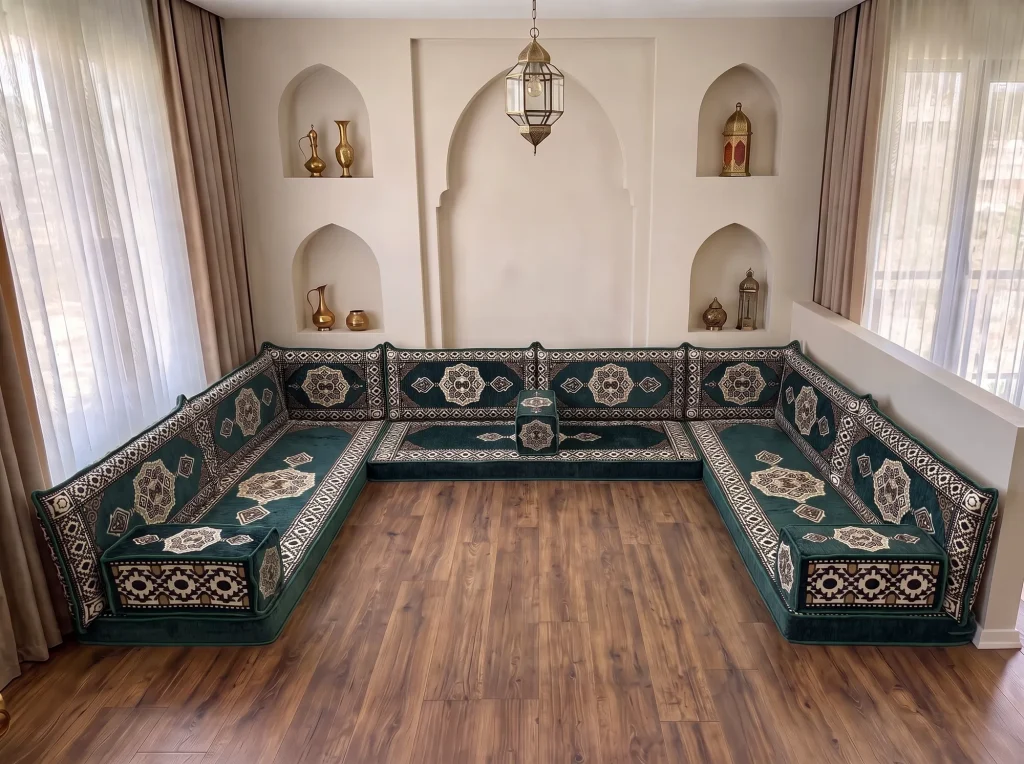 Emerald green and cream medallion Arabic sofa in a U shape on a bare wood floor in a room with arched wall niches