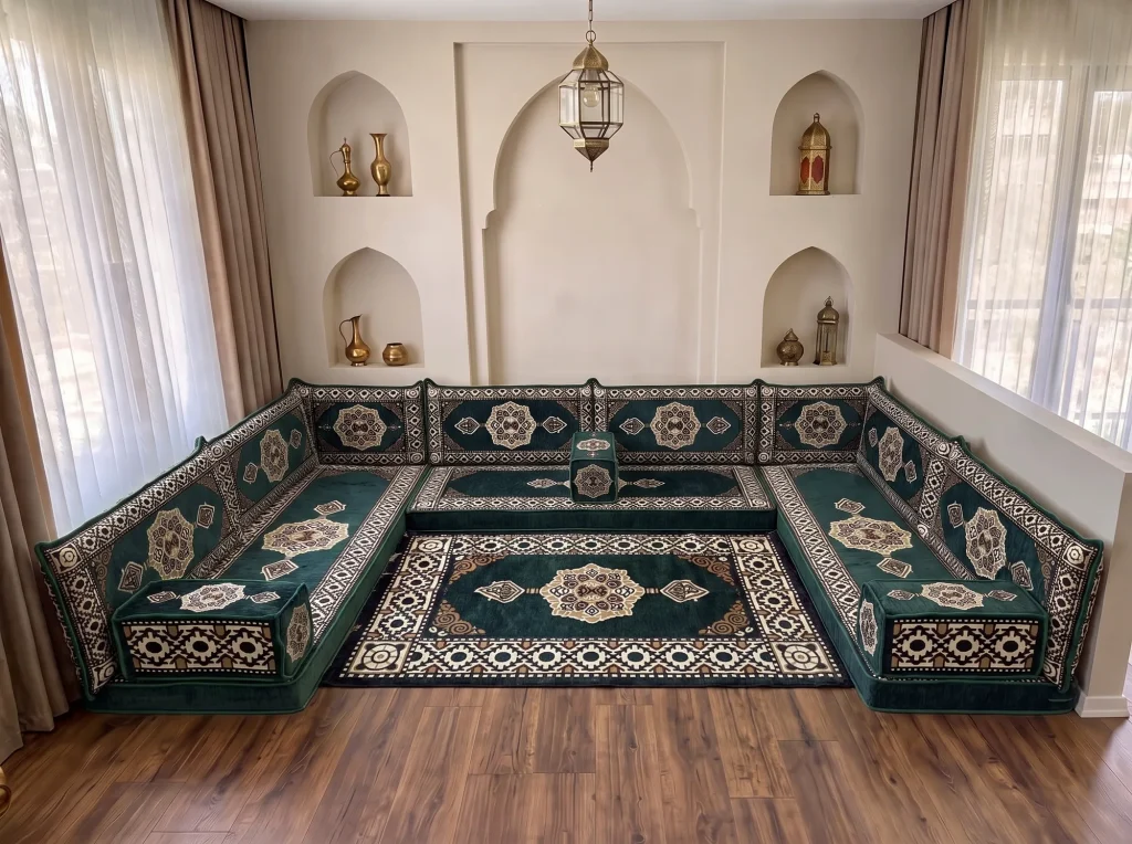 Zümrüt yeşili madalyon desenli U yerleşim oturma takımı ve aynı desende halı