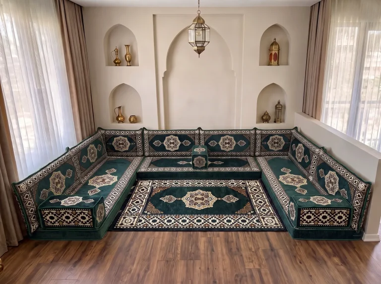 Emerald green and cream medallion Arabic floor sofa in a U shape with a matching medallion rug by arched wall niches