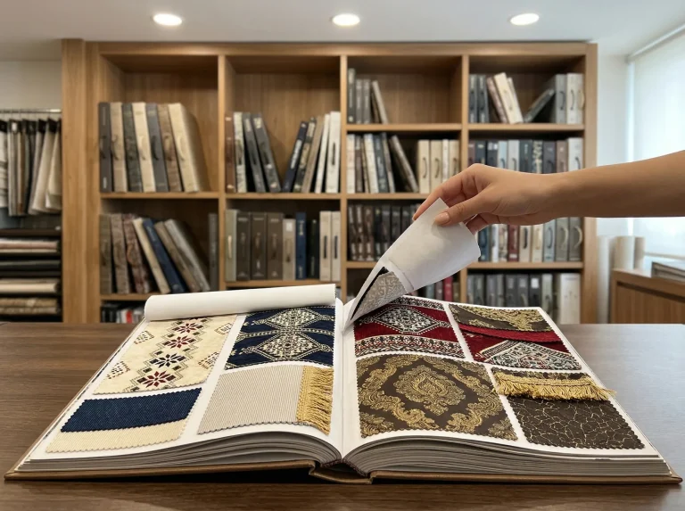 Open upholstery fabric swatch book of patterned samples on a desk, a hand turning the page, binders behind