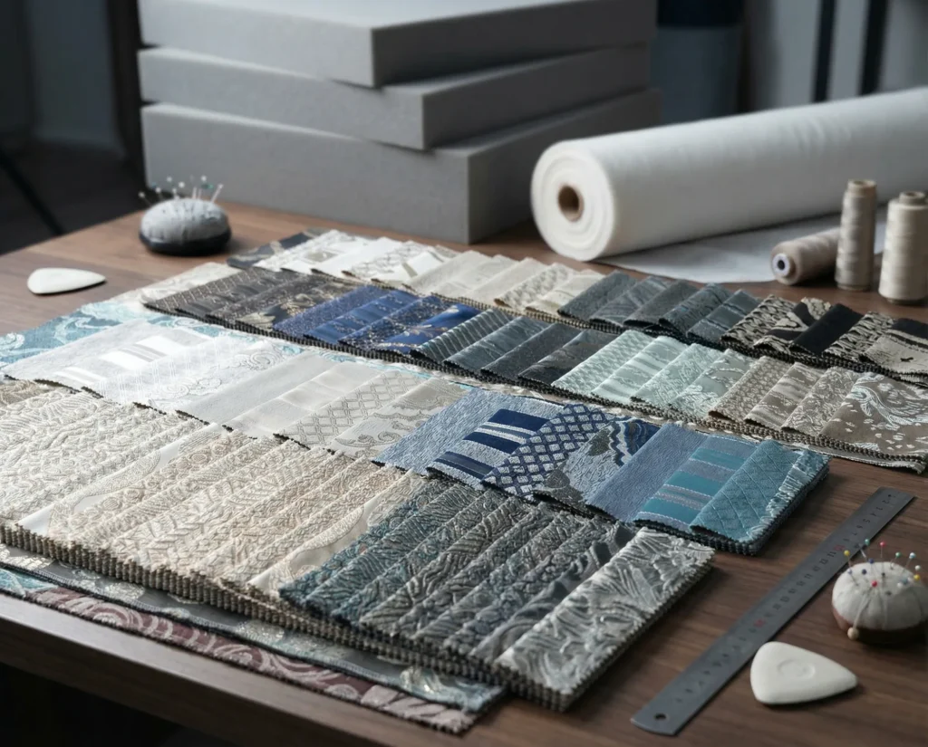 Rows of grey, blue and beige upholstery swatches on a workbench with foam blocks and wadding for seat cushions