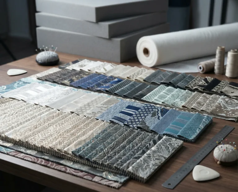 Rows of grey, blue and beige upholstery swatches on a workbench with foam blocks and wadding for seat cushions