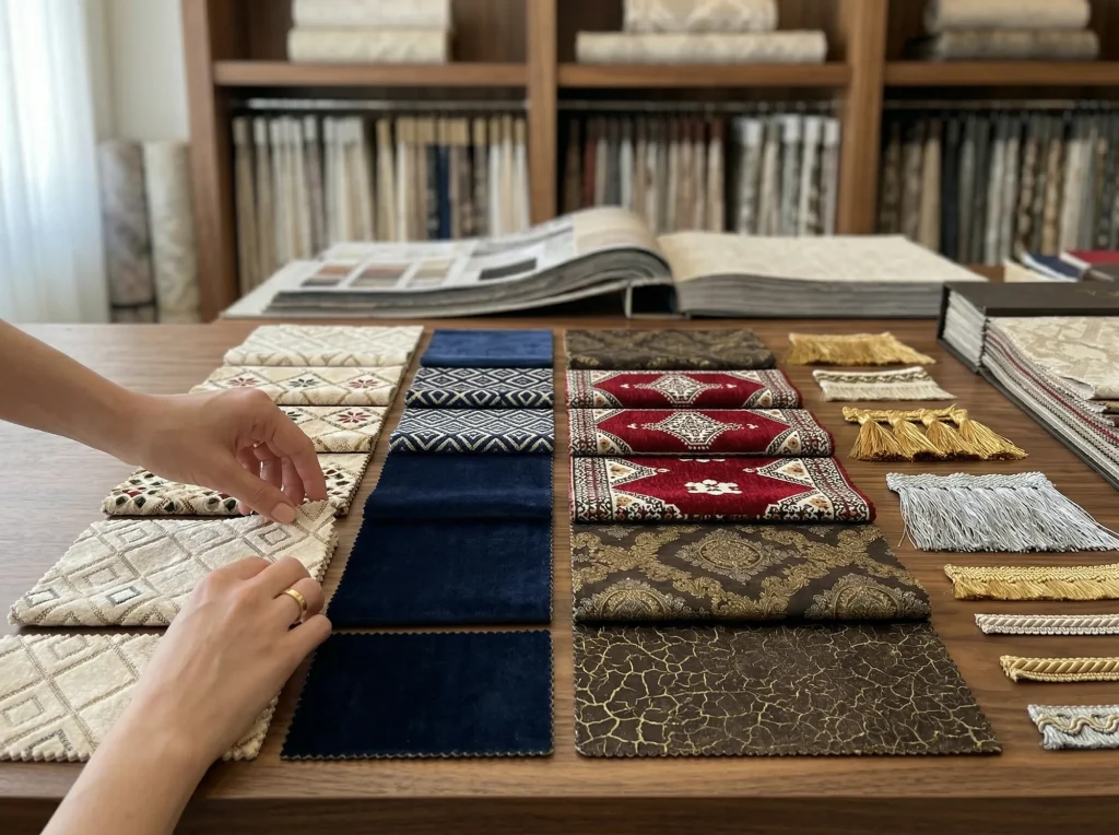 Hands arranging cream, navy, burgundy and brown upholstery swatches beside gold tassel trims on a table