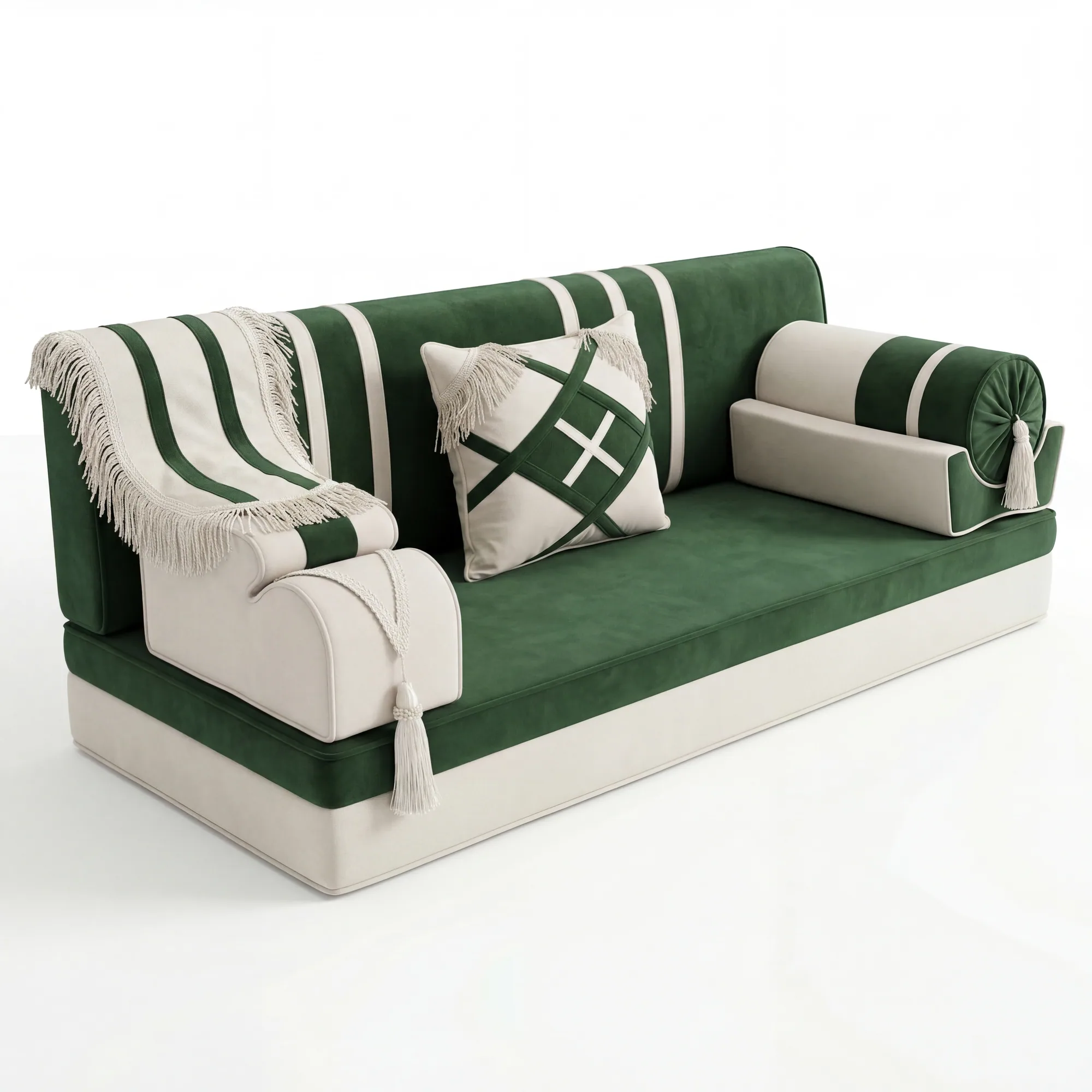 Forest green and cream velvet Arabic jalsa with a striped fringed throw, a tasselled bolster and a cross-ribbon cushion