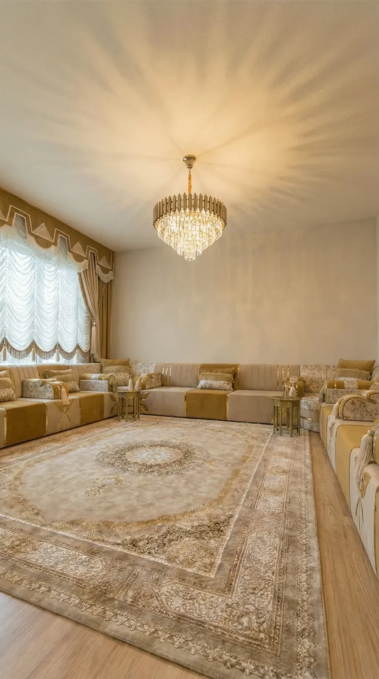Gold velvet and beige Arabic majlis with floral jacquard armrests along three walls, under a crystal chandelier