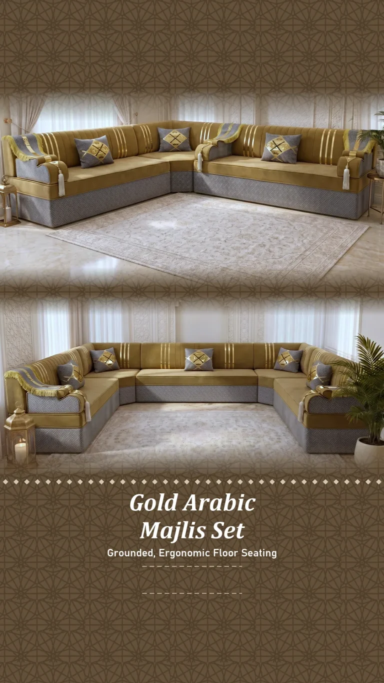 Gold and gray upholstered majlis sofa set in a marble-floored room, shown as a corner and as a full U shape