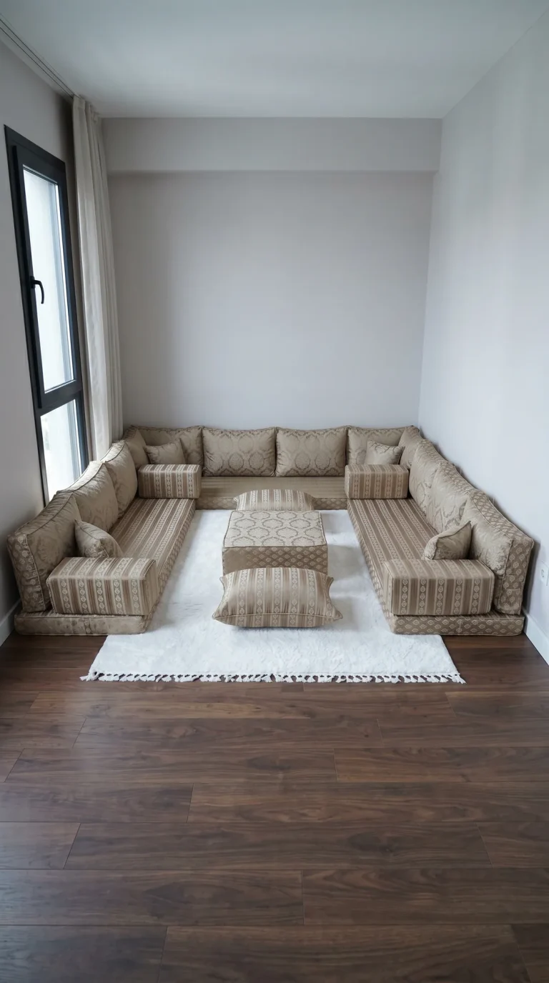 Gold and beige damask Arabic floor sofa in a U shape on a white fringed rug over a dark wood floor