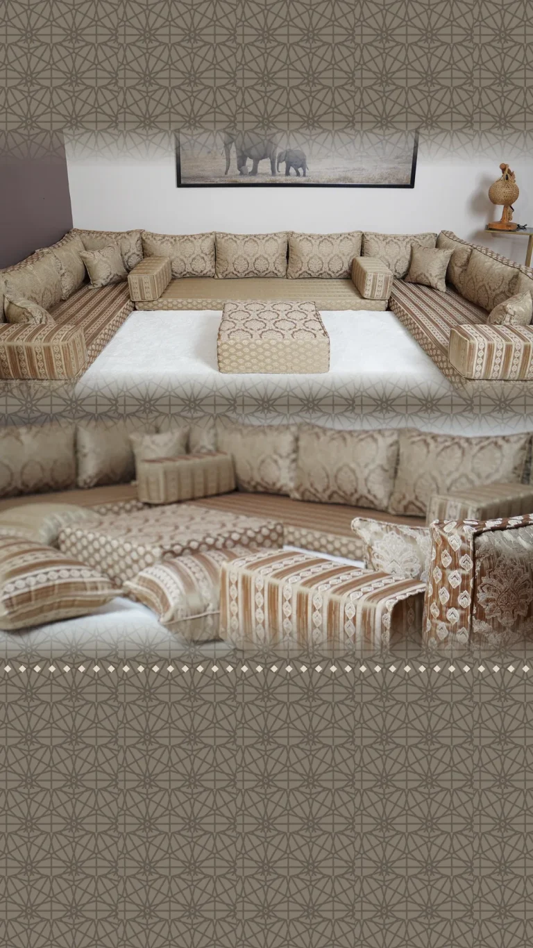 Gold-beige floor seating set in a U shape with damask back cushions and striped seats, plus a close view of the fabrics