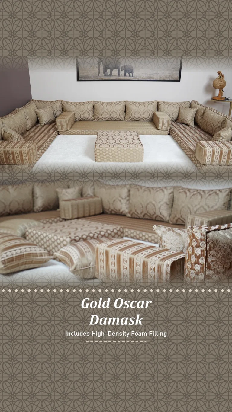 Gold damask floor seating set wrapping three walls, with a close-up of its striped and damask cushions below