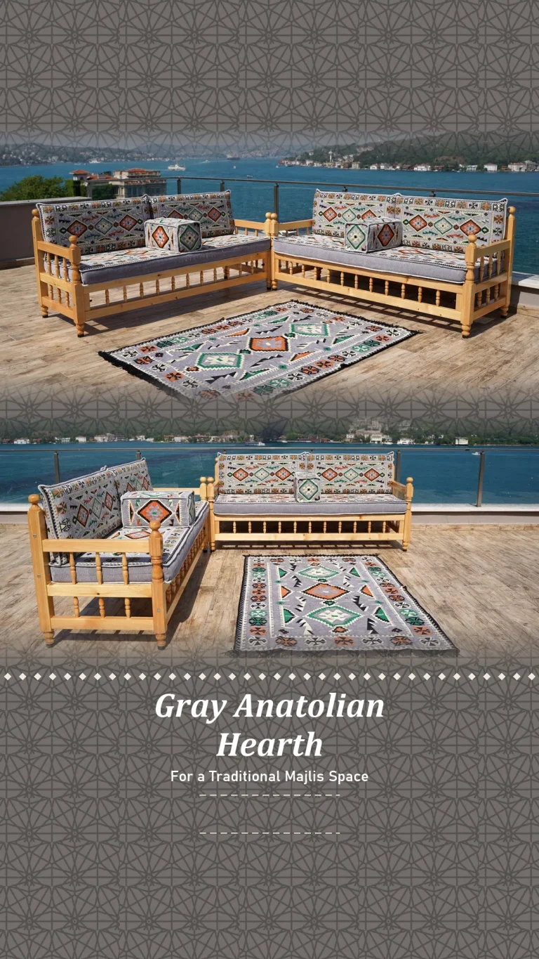 Gray kilim cushions on raised wooden bench frames arranged in an L on a sunny waterfront terrace, two angles