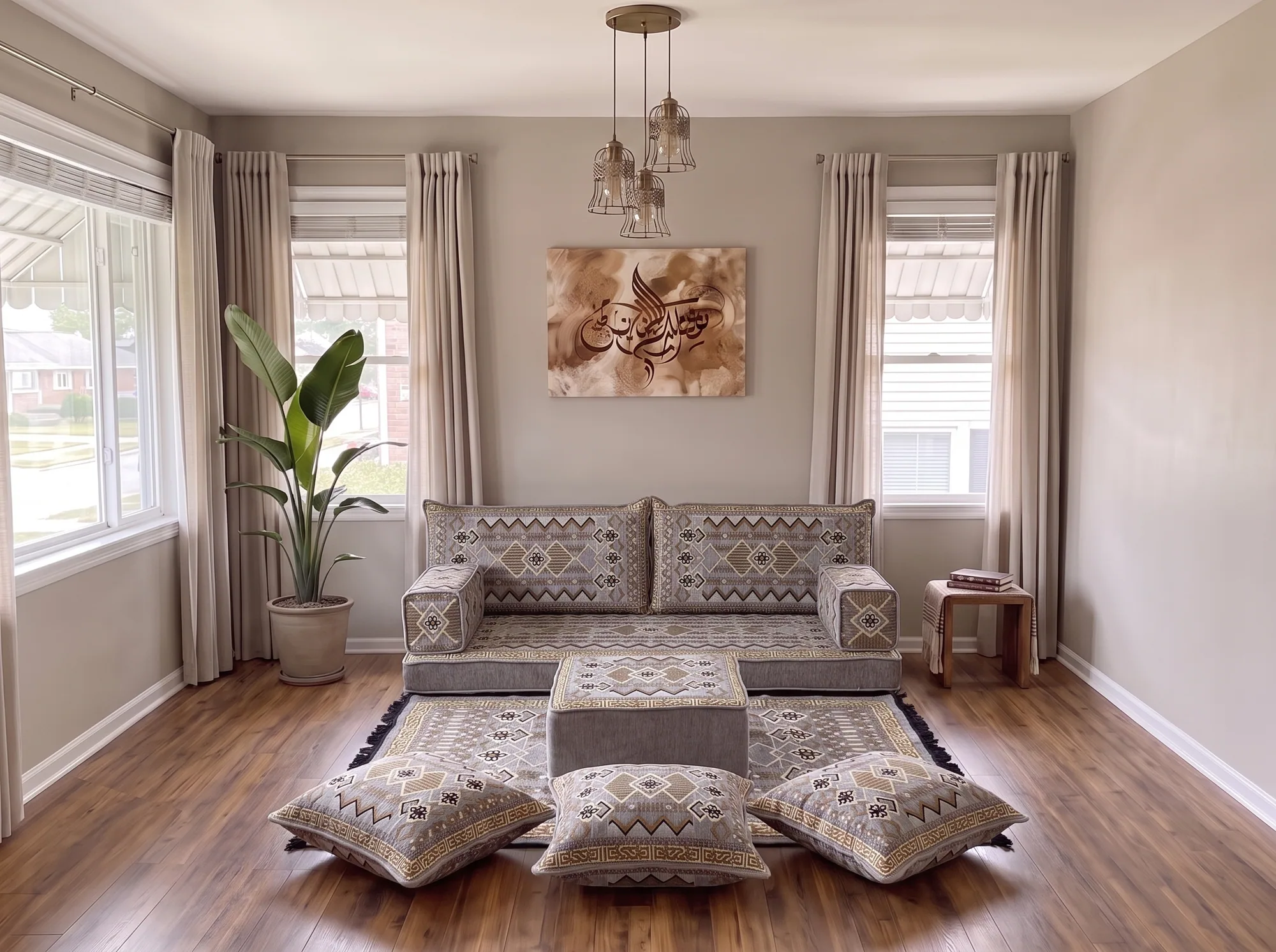 Gray and gold geometric floor sofa set as a single row with rug, ottoman and floor cushions in a bright living room