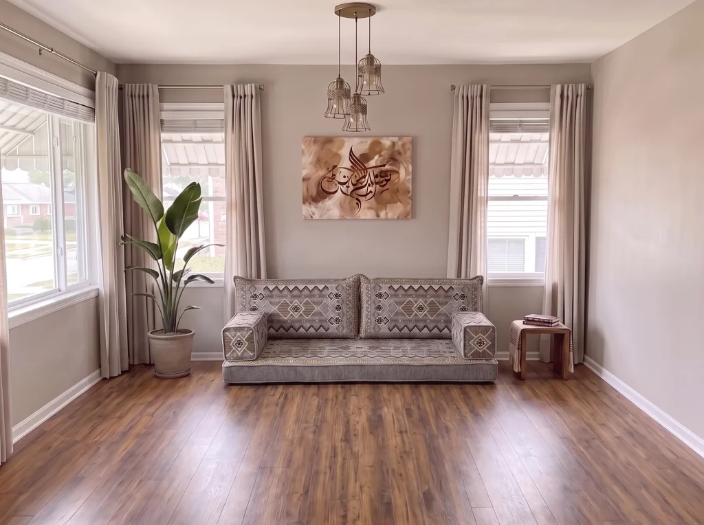 Gray and gold geometric Arabic floor sofa as a single row on a bare wood floor in a bright living room with calligraphy art