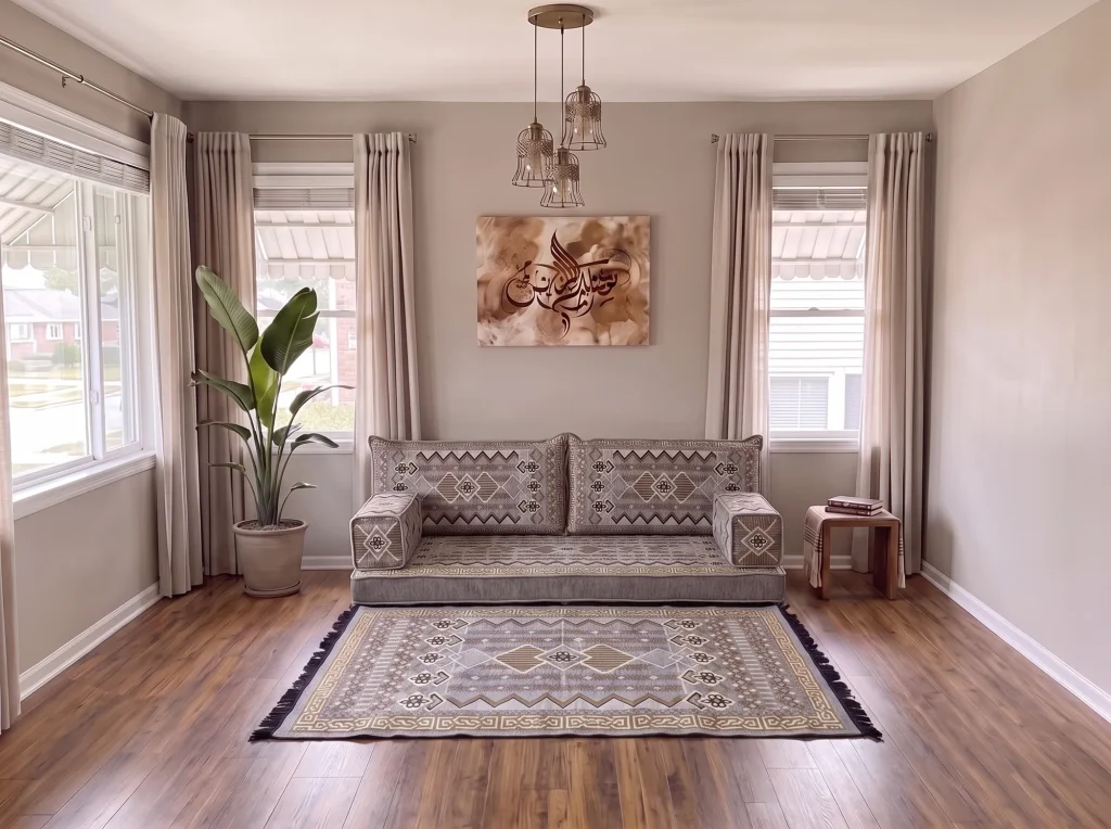 Gray and gold geometric floor sofa set as a single row with a matching kilim rug in a bright living room
