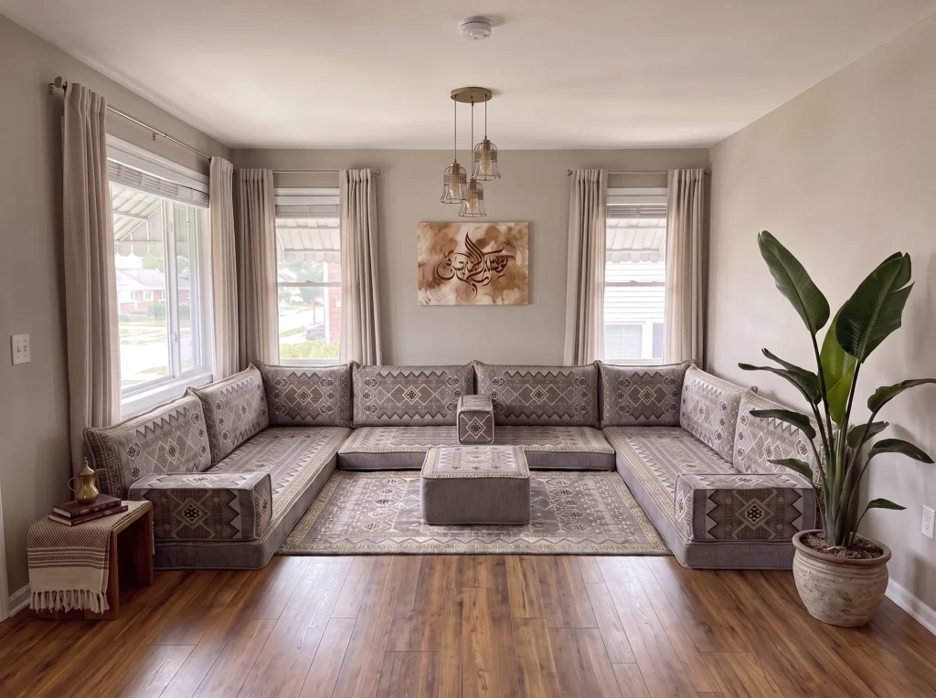 Gray and gold geometric Arabic sofa in a U shape with matching rug and ottoman in a bright living room with calligraphy art