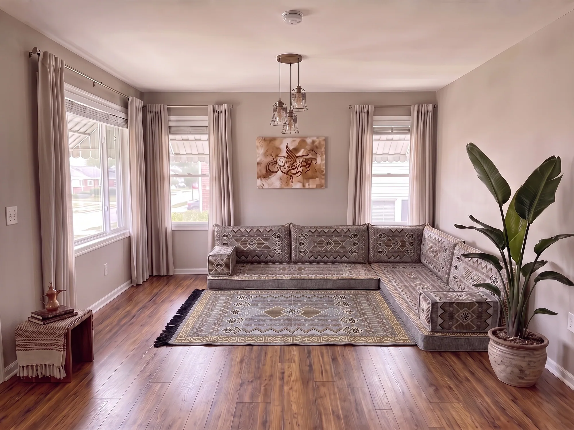 Gray and gold kilim Arabic floor sofa in an L shape with a matching rug in a living room with Arabic calligraphy art