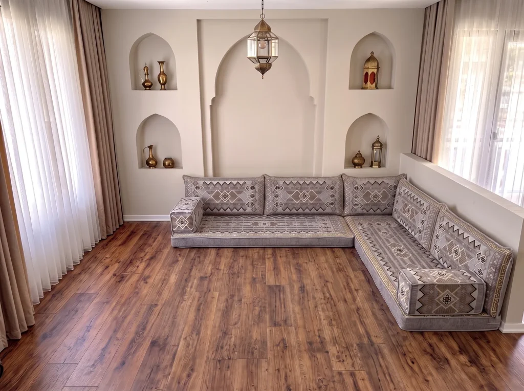 Low gray and gold kilim-pattern floor sofa set in an L shape on a bare wood floor in a room with arched wall niches