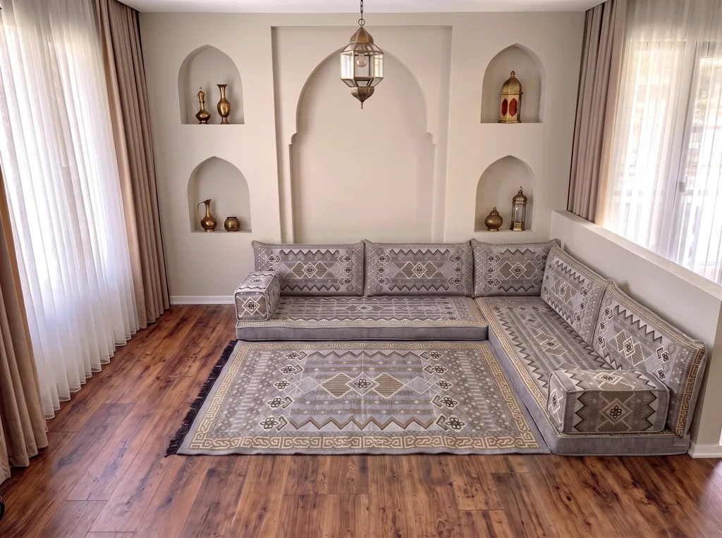 An L-shaped floor sofa with the matching rug laid in front, clear of the seats