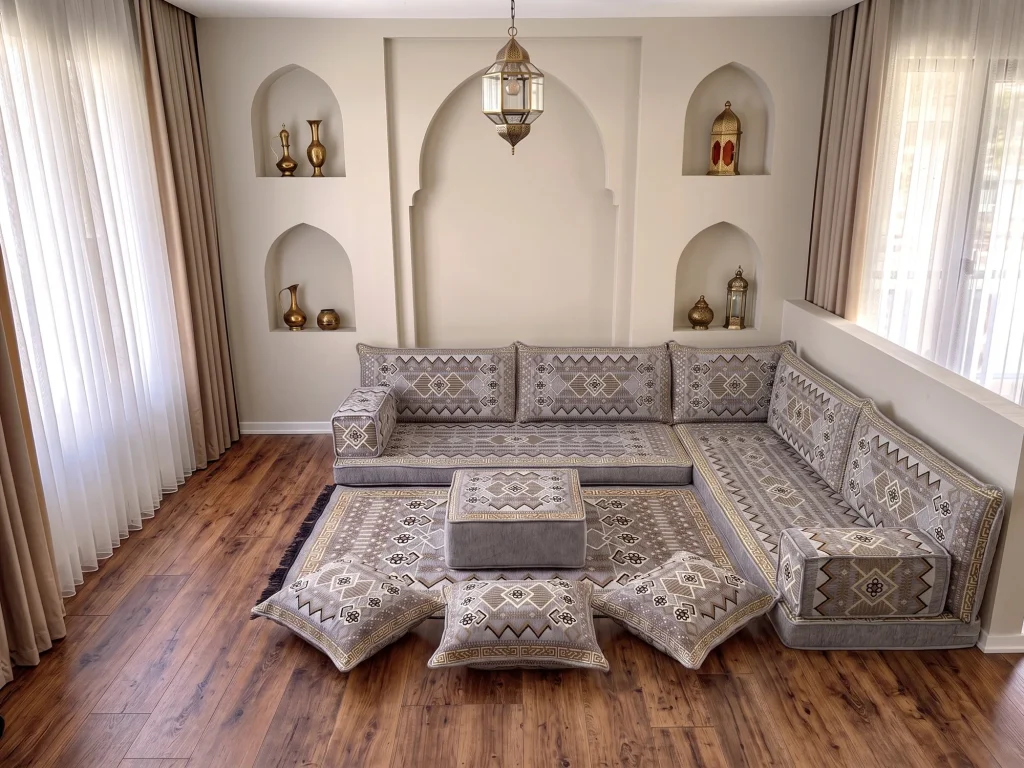 Gray and gold kilim-pattern floor sofa set in an L shape with ottoman, matching rug and three floor cushions